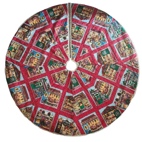 Vintage Fabric Christmas Tree Skirt Festive Holiday Village Design Handmade - Picture 1 of 7